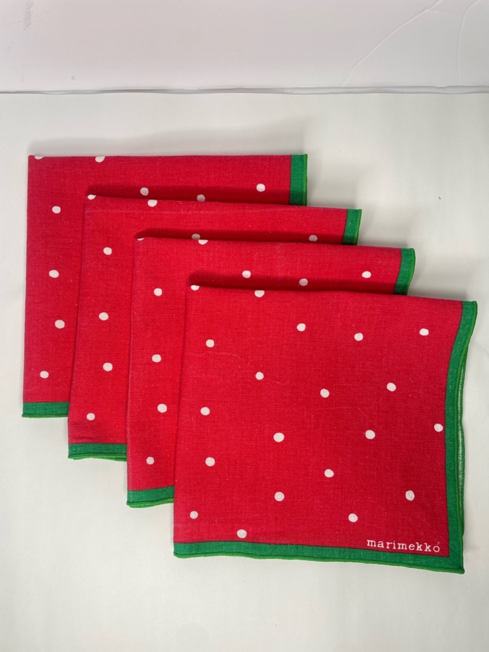 Marimekko Red White Polka Dot Green Trim Dinner Napkins Set of 4 Cloth Fabric